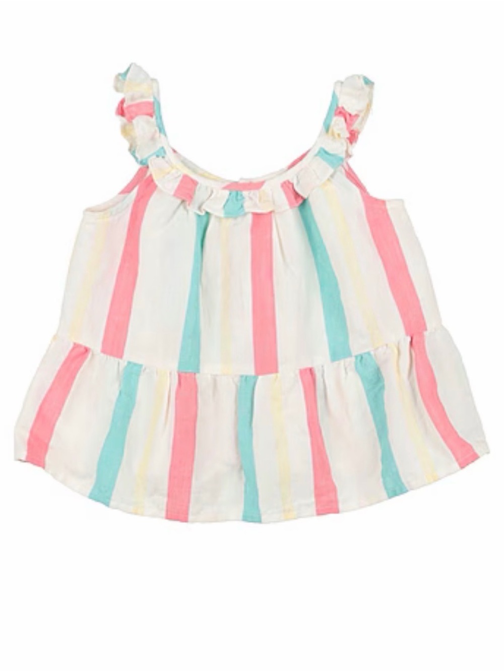 Bonpoint Girls' Striped Ruffle Tank Top - Pink, Teal, Yellow & White Sz 6